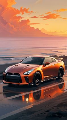 an orange sports car parked on the beach at sunset