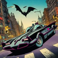 the batmobile is driving down the street in front of some buildings with bats on it