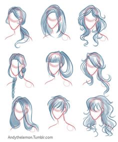 an image of various hairs and hair styles for women with long hair, drawn in pencil