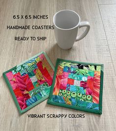 two coasters with different designs on them, one has a coffee cup and the other has a handmade coaster