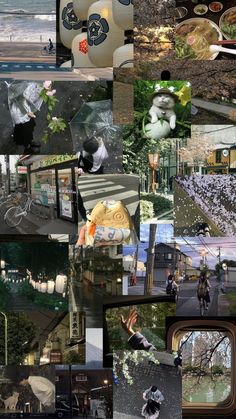 a collage of photos with people walking and riding bikes