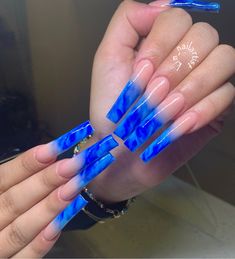 Blue Ombre Acrylic Nails Coffin, Blue Xxl Nails, Blue Long Acrylic, Blue Freestyle Nails, Royal Blue Ombre Nails, Baddie Nails Acrylic Blue, Dope Blue Nails, Long Nails Blue