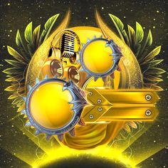 an image of a microphone with wings around it on top of a yellow star background