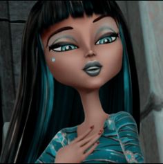 an animated image of a woman with green hair and blue eyes, holding her hand on her chest