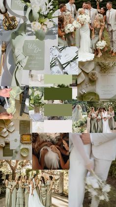 a collage of wedding photos with bride and grooms in green, white and gray