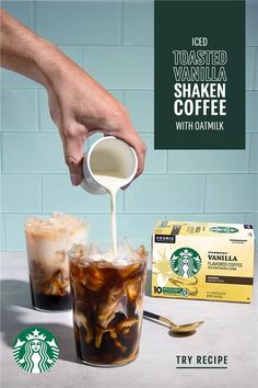 Starbucks Vanilla Flavored Coffee and two iced coffees sit on a kitchen counter with one coffee getting cream poured into it. ​ Oatmilk Recipe, Shaken Coffee, Oat Milk Recipe, Iced Coffee Recipe, Flavored Coffee, Vanilla Shake, Coffee Drink Recipes, Coffee Recipe, Ice Coffee Recipe