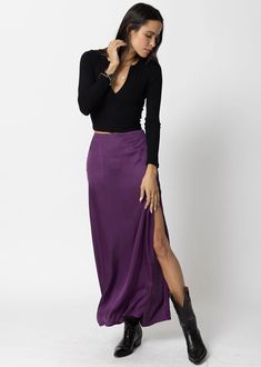 A CLOSET STAPLE, A SILKY MAXI SKIRT WITH HIGH SLIT.  ADD TO CART  THE DANI SKIRT IS SUPER FLATTERING AND COMFORTABLE.  PAIR WITH ANY OF OUR CROP BASIC TANKS...  ADD A CASHMERE SWEATER OVER OUR SHOULDERS FOR ELEVATED DRESS-DOWN STYLE. Whimsical Gothic, Muted Purple, Dark And Mysterious, Question Everything, Closet Staples, Purple Gray, Top Sales, Purple Grey, Jewel Tones