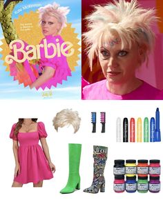 a woman in pink dress and boots next to various hair products, makeup and accessories