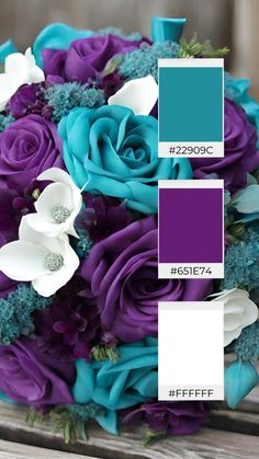 a bouquet with purple and teal flowers on top of a wooden table next to a color swatch