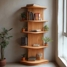 a corner shelf with books and plants on it next to a potted plant in front of a window