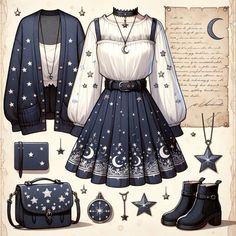 a paper doll is dressed in blue and white with stars on the skirt, boots, purse, and cardigan