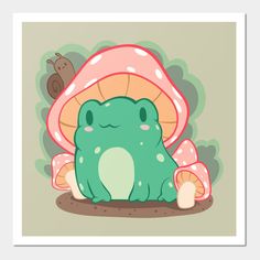 a green frog sitting on the ground under a mushroom