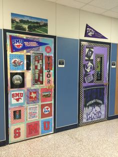 the doors are decorated with different designs and colors for school hallways or hallways, which also have posters on them