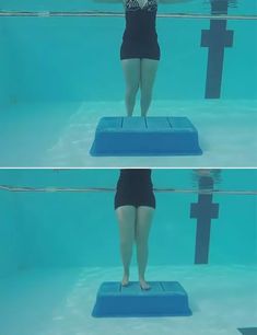 a woman standing on the edge of a swimming pool