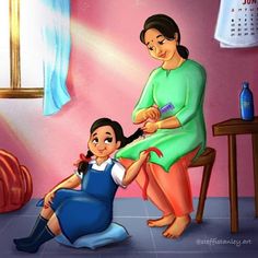 a painting of a mother combing her daughter's hair in the room with pink walls