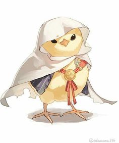 a cartoon chicken dressed in a white cloak and holding a gold medal around its neck