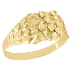 A strong, textured and intricate nugget design creates this bold men's statement / fashion ring. Crafted in real 10K yellow gold, this statement ring is high polished to a bright shine. This dynamic mens fashion pinky ring is the ideal choice for fashion forward men. The pinky ring design was intricately thought out so it can worn for any occasion, no matter how casual or fancy. This ring measures 10.50mm wide at the center and is 2.2 grams of gold. (2.20 gr. of 10K Yellow Gold | Width: 10.50mm Gold Nugget Ring, Mens Rings For Sale, 10k Gold Chain, Engraved Bar Necklace, Gold Anklet, Gold Nugget, 18k Gold Jewelry, Men's Jewelry Rings, Engagement Rings For Men