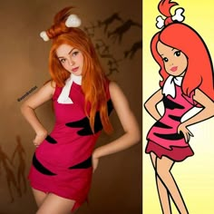 an image of a woman with long red hair wearing a pink and black dress while standing in front of a cartoon character