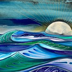 a painting of waves and the sun in the sky with water splashing on it