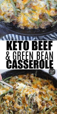 keto beef and green bean casserole in a cast iron skillet with text overlay