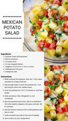 the recipe for mexican potato salad is shown in two separate pictures, one with pineapples and tomatoes