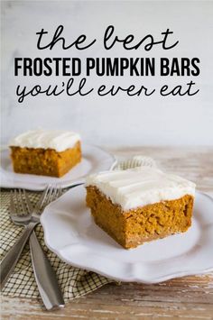 the best frosted pumpkin bars you'll ever eat on a plate with forks