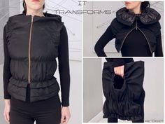 Gilet transformable in Bag and Bolero 3in1 / Gilet trasformabile in Borsa e Copri-spalle 3in1 Art.Easy nero Removable Sleeves Jacket, Luxury Sleeveless Outerwear With Detachable Hood, Transforming Clothes, Functional Long-sleeve Outerwear With Detachable Hood, Avant-garde Asymmetrical Fitted Outerwear, Oversized Black Avant-garde Outerwear, Texture Inspiration, Vivienne Westwood