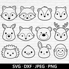 fox, bear and deer faces with different expressions in black and white on a brick wall