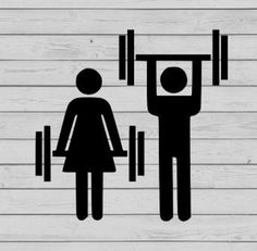 a man and woman standing next to each other in front of a barbell sign