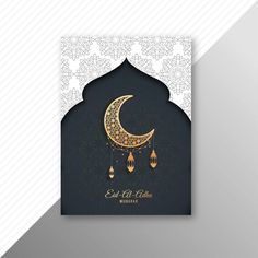 an islamic greeting card with the moon and stars on it, decorated in gold foil