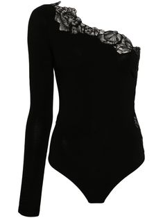 black stretch-jersey lace panelling asymmetric neck one-shoulder single long sleeve ruched detailing high cut thong style hook and eye fastening Soft Era, Soul Contract, Articles Of Clothing, Black Lace Top, Lace Top Long Sleeve, Bodysuit Black, City Dress, If I Was A