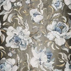 a floral wallpaper with blue and white flowers on grey background, in an old fashion style