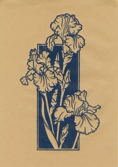 a blue and white drawing of flowers on a brown paper with the letter f in it