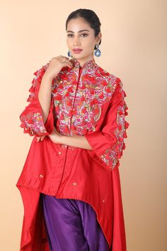 Red asymmetric tunic with floral, tassel embroidery. Paired with a contrast dhoti pant. - Aza Fashions Floral Stand, Tassel Embroidery, Asymmetric Tunic, Pant Women, Dhoti Pants, Pant For Women, Red Embroidery, Tunic Pattern, Embroidery Floral