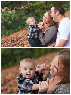 two photos of a woman holding a baby in her arms and smiling at the camera