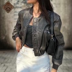 Leather Loose Jacket Vintage Stand Collar Spring Leather Jacket, Washed Leather Jacket, Coat Spring, Unique Jackets, Chic Coat, Zipper Shorts, Fall Coat