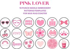 the pink lover badge pack is shown in various shapes and sizes, including hearts, flowers,