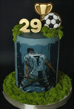 a soccer themed cake with the number twenty nine on it's side and a trophy in the background