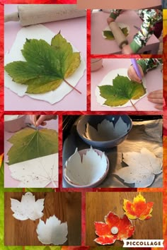 the process of making fall leaves out of paper and glue is shown in this collage