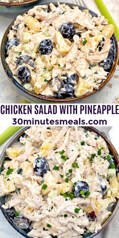 chicken salad with pineapples and blueberries in a bowl next to another dish