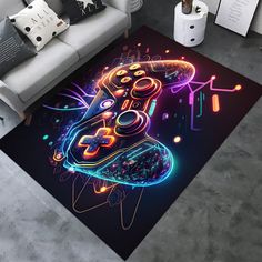 a living room area rug with a neon video game controller design on the floor in front of a couch