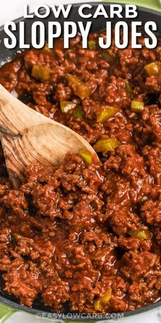 slow carb sloppy joes in a skillet with a wooden spoon and text overlay