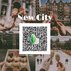 a collage of photos with the words new city on it and images of people holding doughnuts