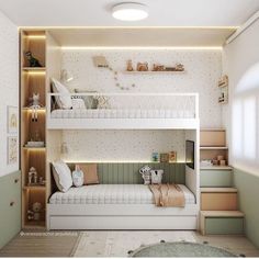 there is a bunk bed in the children's room with stairs leading up to it