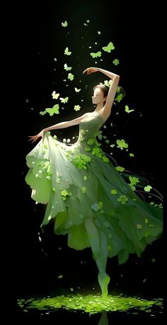 a woman in a green dress is flying through the air with butterflies all around her