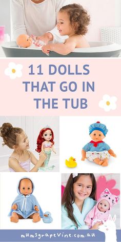 dolls that go in the tub with text overlaying them and pictures of babies