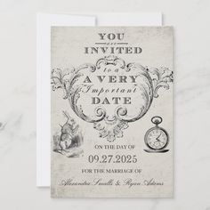 an old - fashioned wedding save the date card with a pocket watch and clock on it