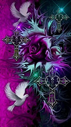 the cross and two doves are depicted in this digital painting style image with purple, green and blue hues