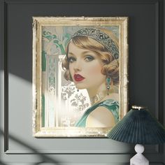 a portrait of a woman wearing a tiara in front of a wall with a lamp next to it