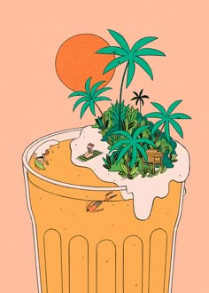 an illustration of a beer with plants growing out of it's top and the sun in the background